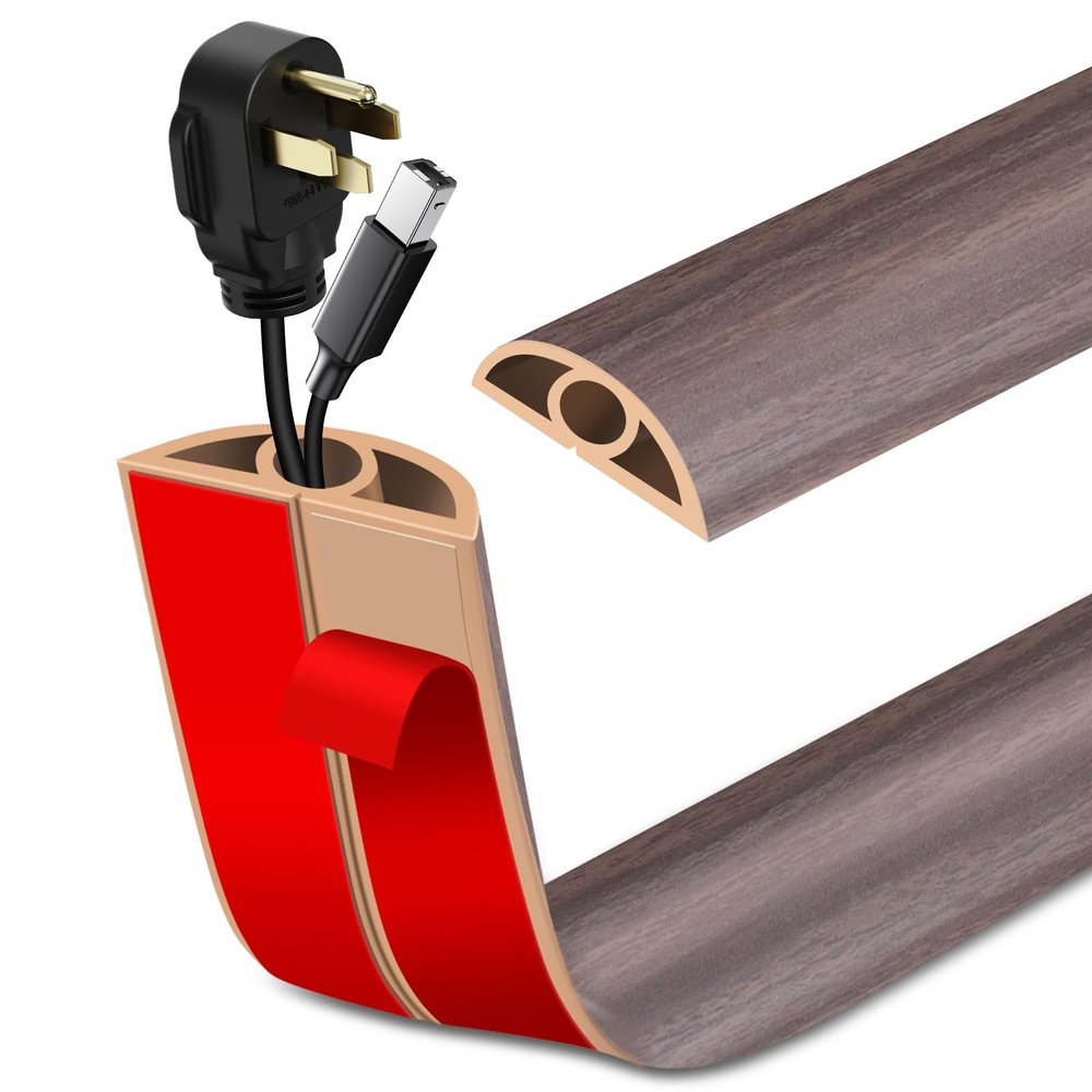 Floor Cord Cover Self Adhesive Cord Hider Floor Extension Cord Covers for Floor Power Cord Protector Cable Management Prevent Cable Trips Cable Cavity 0.32" W x 0.32" H (Brown Walnut Wood, 3.3Ft)