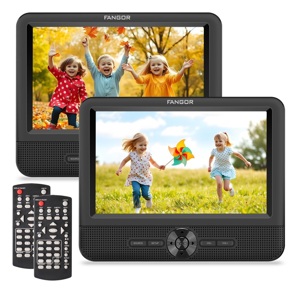 FANGOR 7.5 Inch Car DVD Player, Car DVD Player Dual Screen Play Two Different Movies or The Same Movie with Customized Headrest Strap, Support All Regions, Last Memory, USB/SD Card