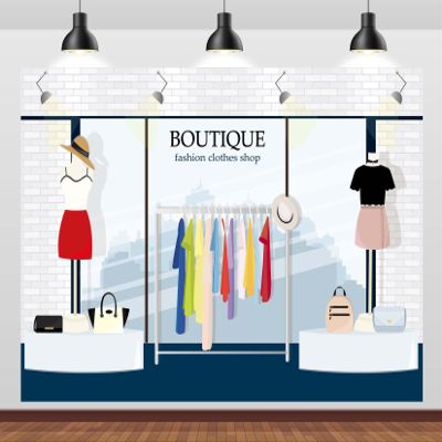 CORFOTO 7x5ft Boutique Clothes Shop Backdrop Ladies Clothing Shop Window Cartoon Backdrop Showroom Background Women Girls Party Decorations Birthday Shoot Photo Prop