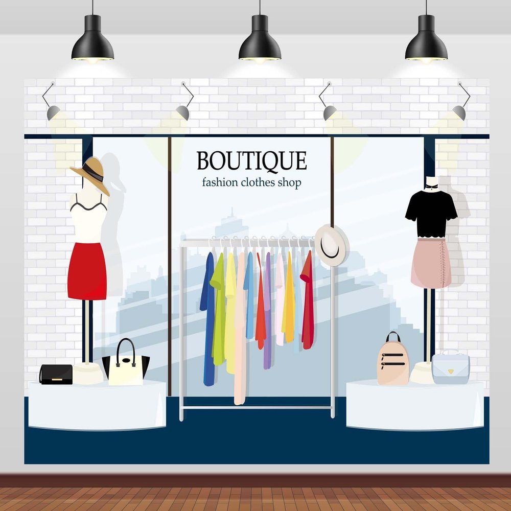 CORFOTO 7x5ft Boutique Clothes Shop Backdrop Ladies Clothing Shop Window Cartoon Backdrop Showroom Background Women Girls Party Decorations Birthday Shoot Photo Prop