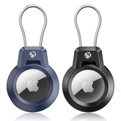 Gitfos AirTag Holder, Airtags 2 Pack AirTag Keychain Holder with Wire Cable - Robust & 360 Protective fit Apple AirTag Holder for Luggage, Backpack, Keys, Ring Car Key Chain, Pets.-Black/Blue