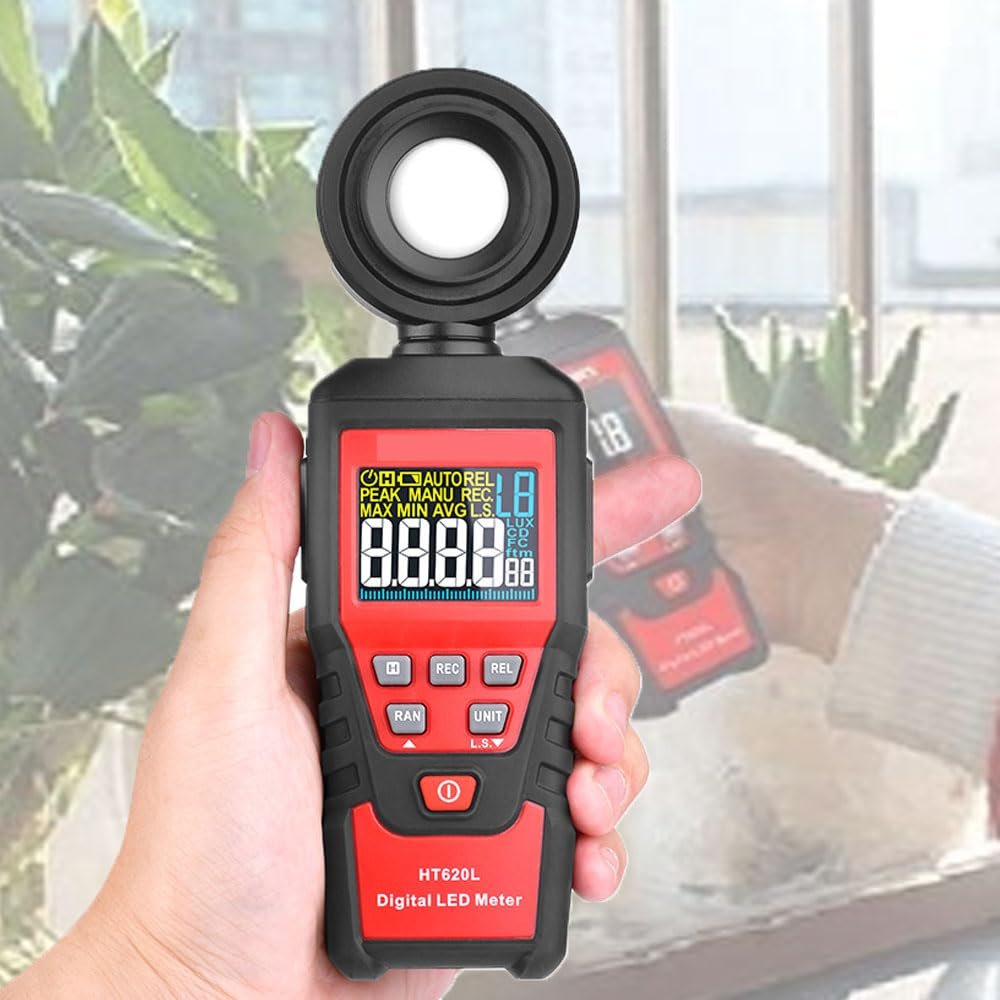 0.1Lux Handheld Illuminance Meter, 3% High Precision Digital Illuminometer, Lumen Tester with 180 Rotatable Detector, 0.1~200,000 Lux Meter, Data Retention&Recording, Light Calibrator, for Outdoor