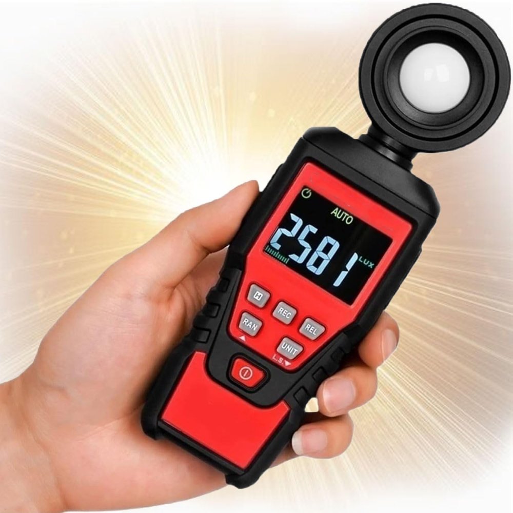 180 Rotatable Digital Light Meter, 3% Accuracy Handheld Light Calibrator, 0.1~200,000 Lux Meter, Self-calibration Lumen Tester, Ambient Temperature Measuring Instrument, for Photography, Planting