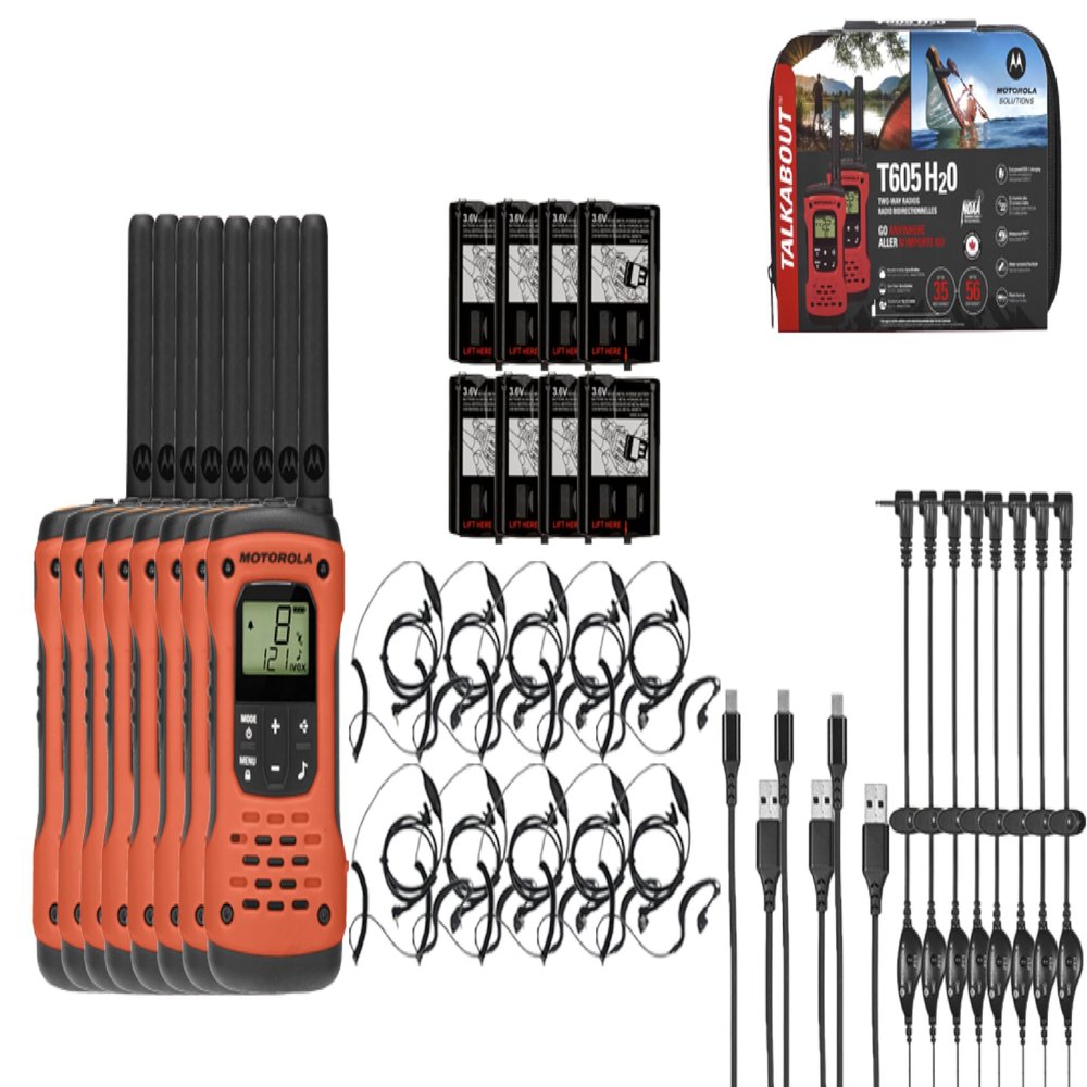 Motorola Solutions, Portable FRS Talkabout T605 H2O Two Way Radios 8-Pack, Walkie Talkies Orange Waterproof 18 PTT Earpieces Rechargeable, Carrying Case, Orange/Black