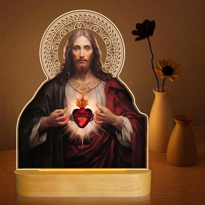 Sacred Heart of Jesus, Christian Gifts for Women, 2PCS Jesus Night Light for Home Decor, Faith Gifts for Xmas, Daily Devotional, Prayer, Holy Communion, Baptism for Men, Kids, Families, and Friends