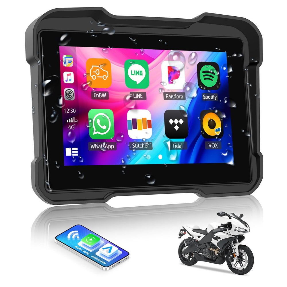 5 Inch IPS Waterproof Portable Motorcycle CarPlay Screen with Wireless CarPlay&Android Auto,GPS Navigation,Bluetooth,EQ,TF Port,Voice Control,IP67 Waterproof
