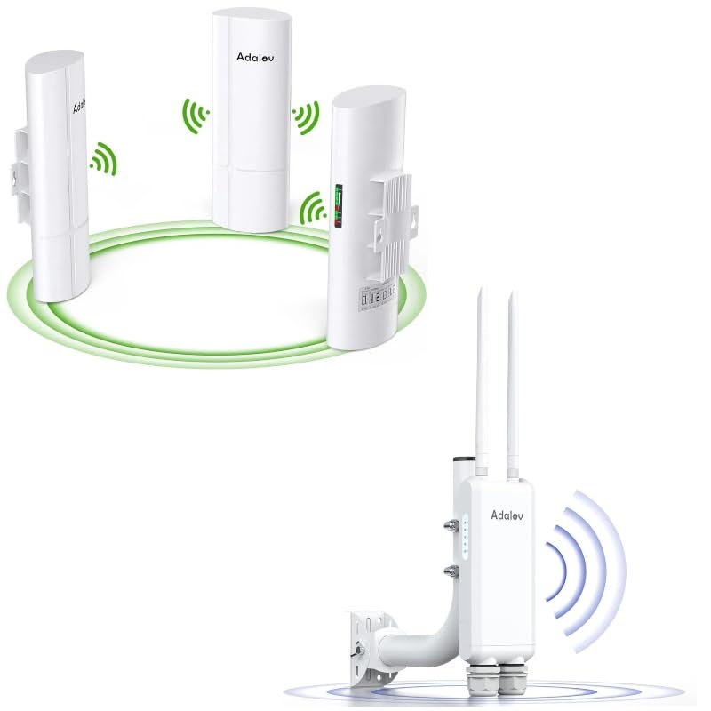 3PCS Wireless Bridge Kit, Gigabit Point to 2 Points Outdoor WiFi Bridges for 3Km Long Range Network Expansion+Adalov Outdoor Wi-Fi Access Point with Bracket Mount, 1200Mbps Long Range
