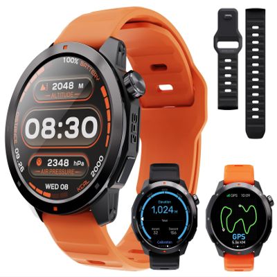 AOLON GPS Smart Watch for Men, 1.43'' AMOLED Smartwatch with Compass/Barometer/Altimeter, Heart Rate/Sleep Monitor, 30M Waterproof, 60+ Sports Fitness Tracker for Android/iOS, Black & Orange (2 Bands)