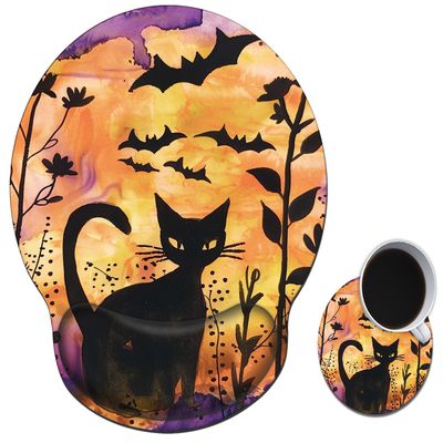 Mouse Pad with Wrist Support Gel, Ergonomic Mouse Pad with Comfortable Wrist Rest, Gaming Mousepad Non-Slip PU Base for Laptop Office Easy Typing & Pain Relief,Black Cat Bat