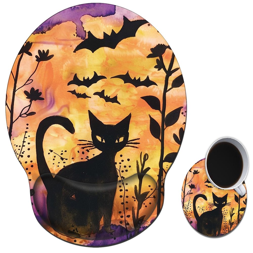 Mouse Pad with Wrist Support Gel, Ergonomic Mouse Pad with Comfortable Wrist Rest, Gaming Mousepad Non-Slip PU Base for Laptop Office Easy Typing & Pain Relief,Black Cat Bat