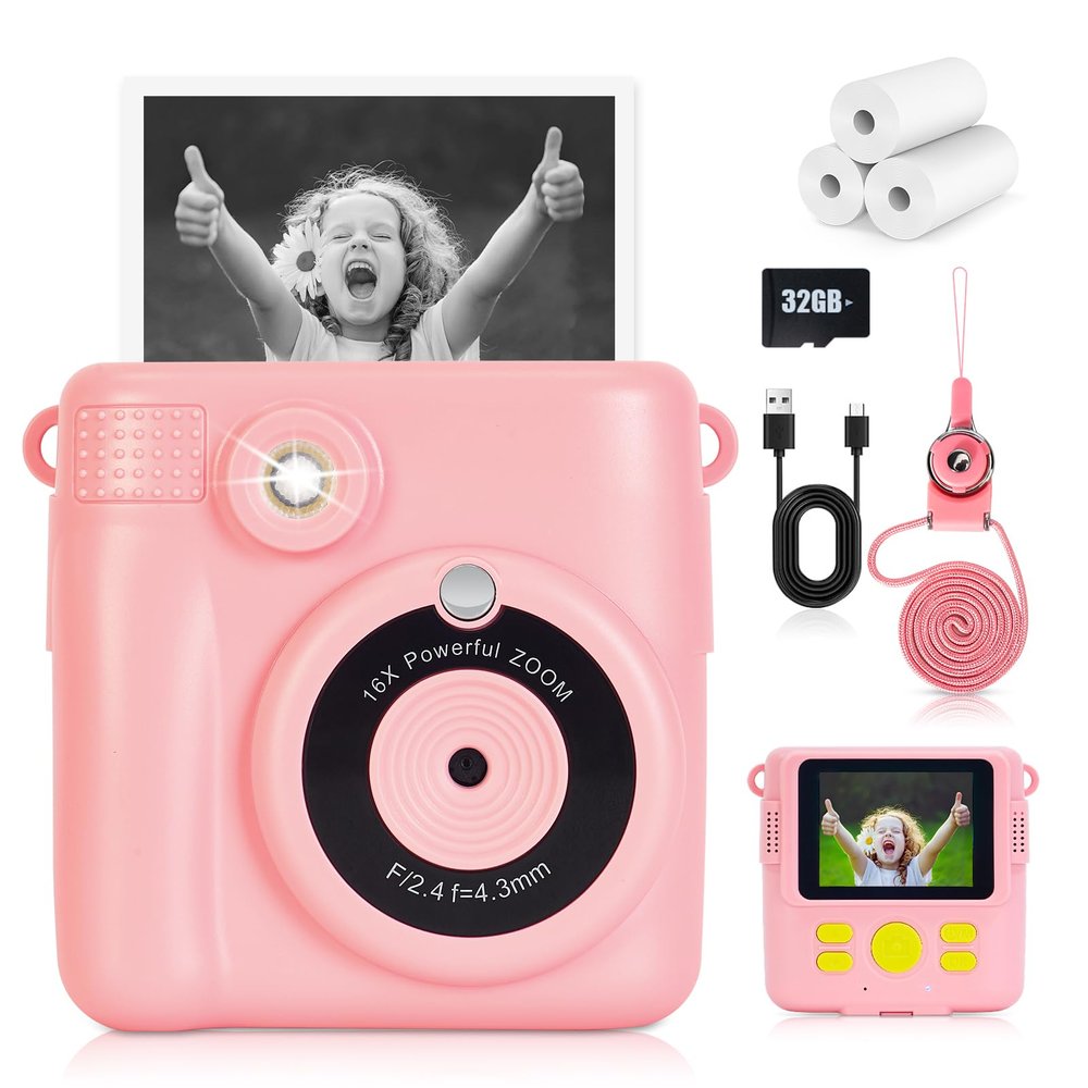 Hikkon Instant Print Camera for Kids - 2.4 Inch Kids Camera Instant Print with Paper & 32G Card- Digital Children Toys as Christams Birthday Gifts for Girls Boys Age 3-12 - Pink