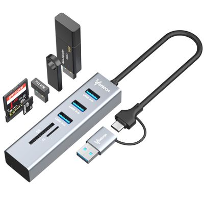 3-Port USB C 3.0 Hub Splitter with USB A Adapter, SD/TF OTG Card Reader, Portable 5 in 1 Multi Ports USB Expander for PC, Laptop, MacBook, Xbox, Flash Drive, HDD, Console,Camera