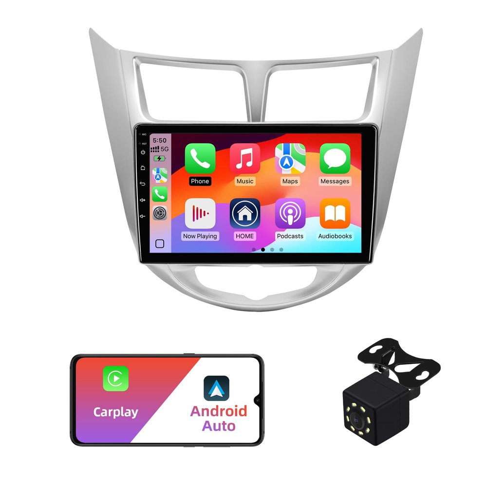 2+32G Android 12 Double Din Car Stereo for Hyundai Solaris 1 Accent Verna 2010-2016 with 9 Inch Touchscreen Radio Built-in Wireless Carplay/Android Auto/GPS/Bluetooth/FM/AUX-in/SWC/Backup Camera