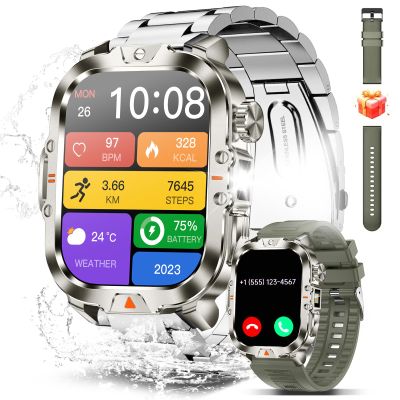 BRUBOSES Smart Watch for Men Military Answer/Make Call 2.01 Display 170+ Sports Modes Fitness Smart Watch IP68 Waterproof 30 Days Standby Smartwatch for Android iOS Silver (2 Straps)