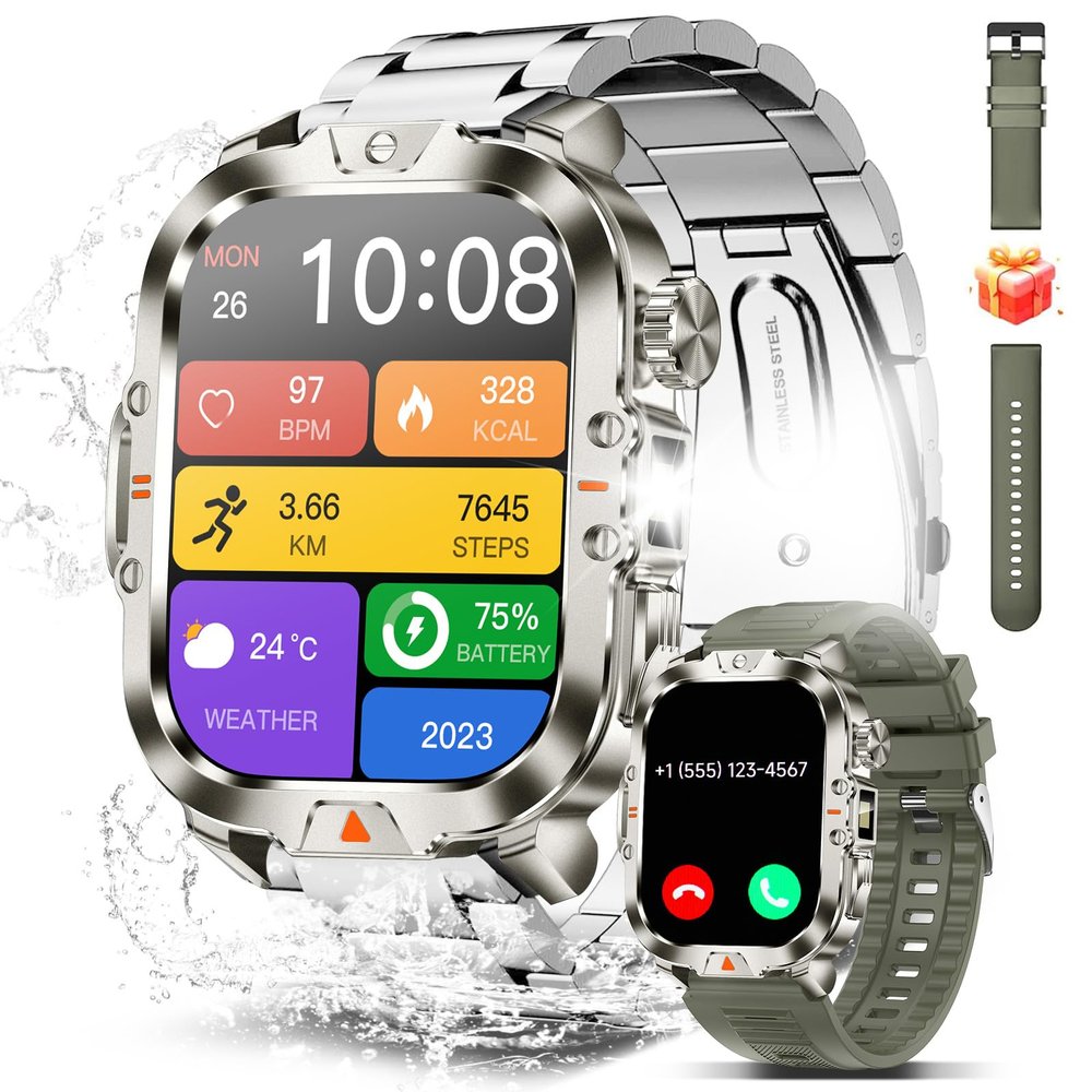 BRUBOSES Smart Watch for Men Military Answer/Make Call 2.01 Display 170+ Sports Modes Fitness Smart Watch IP68 Waterproof 30 Days Standby Smartwatch for Android iOS Silver (2 Straps)