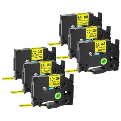 GREENCYCLE 6 Pack Compatible for Brother P-Touch Hse621 Hse-621 Hs-621 Hs621 Heat Shrink Tube Label Tape Hse 8.8mm 0.34" Black on Yellow Label Tape for PTE500 PTE300 PTH300 PTE550W PTP750WVP