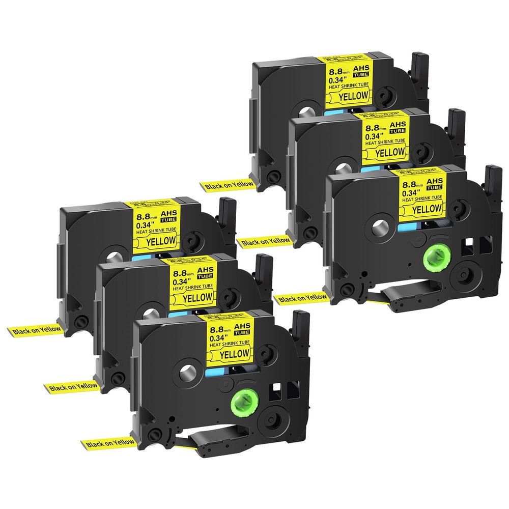 GREENCYCLE 6 Pack Compatible for Brother P-Touch Hse621 Hse-621 Hs-621 Hs621 Heat Shrink Tube Label Tape Hse 8.8mm 0.34" Black on Yellow Label Tape for PTE500 PTE300 PTH300 PTE550W PTP750WVP