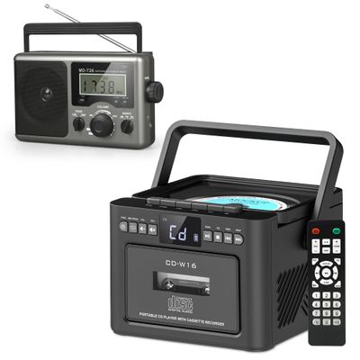 Rechargeable CD Player Boombox Bluetooth Cassette Player Combo + Portable Shortwave Radio