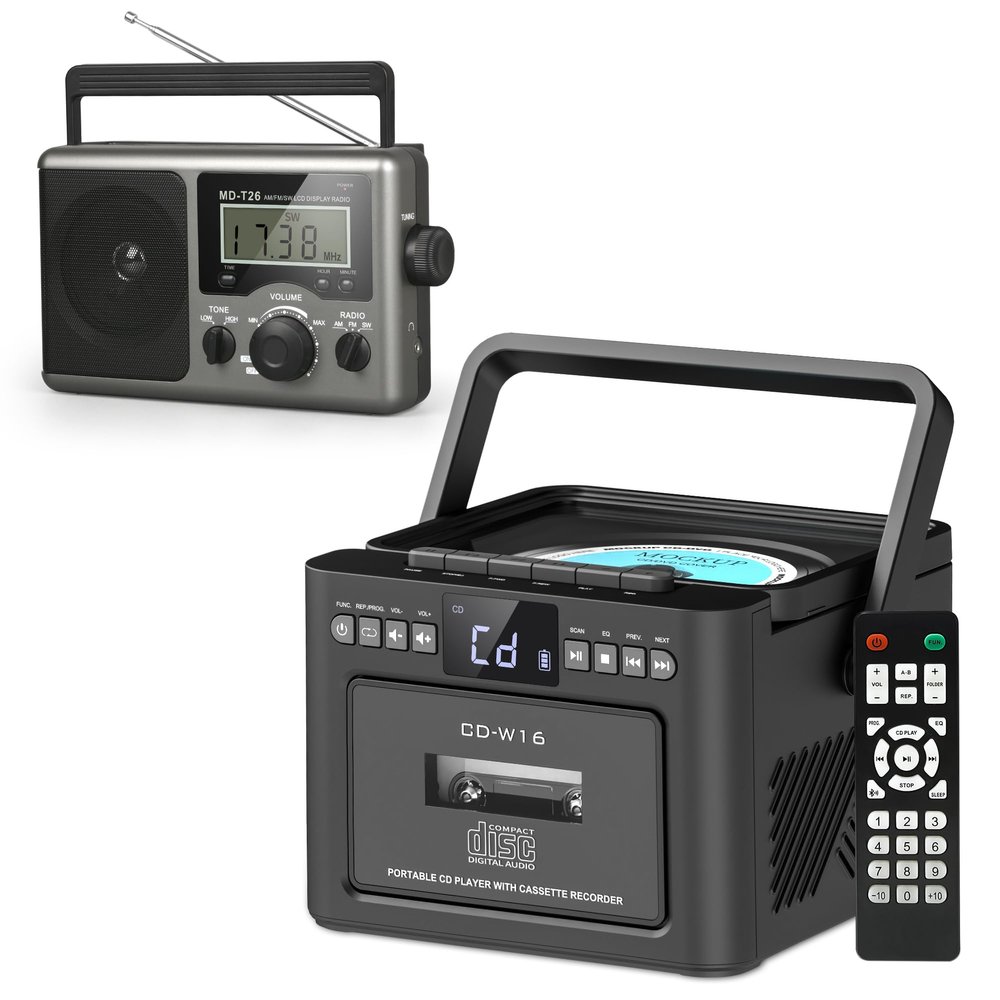 Rechargeable CD Player Boombox Bluetooth Cassette Player Combo + Portable Shortwave Radio