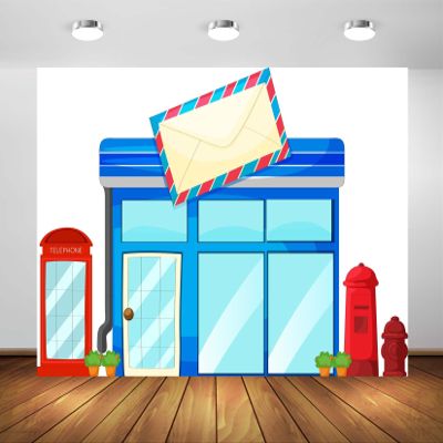 BELECO 7x5ft Fabric Post Office Backdrop Cartoon Street Blue Postoffice Mailbox Telephone Booth Background for Themed Party Decorations Postman Kids Birthday Shoot Photo Studio Props
