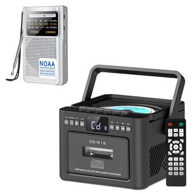 Rechargeable CD Player Boombox Bluetooth Cassette Player Combo + NOAA Weather Radio