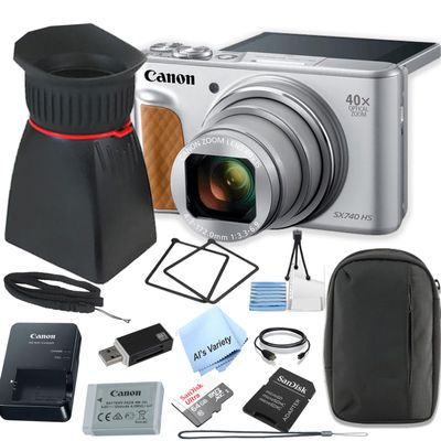 Canon Powershot SX740 HS Digital Camera + 64GB Memory Card, LCD Hood with Magnifier, Case, and More (Silver) (Photo Pro Bundle) (Renewed)