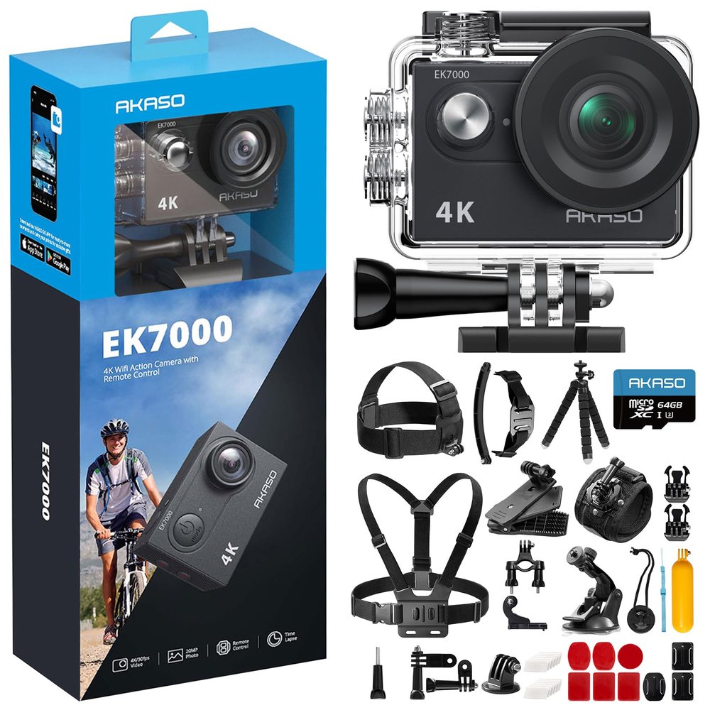 AKASO EK7000 Action Camera with 64GB MicroSDXC Memory Card and 42 in 1 Action Camera Accessories Kit Bundle