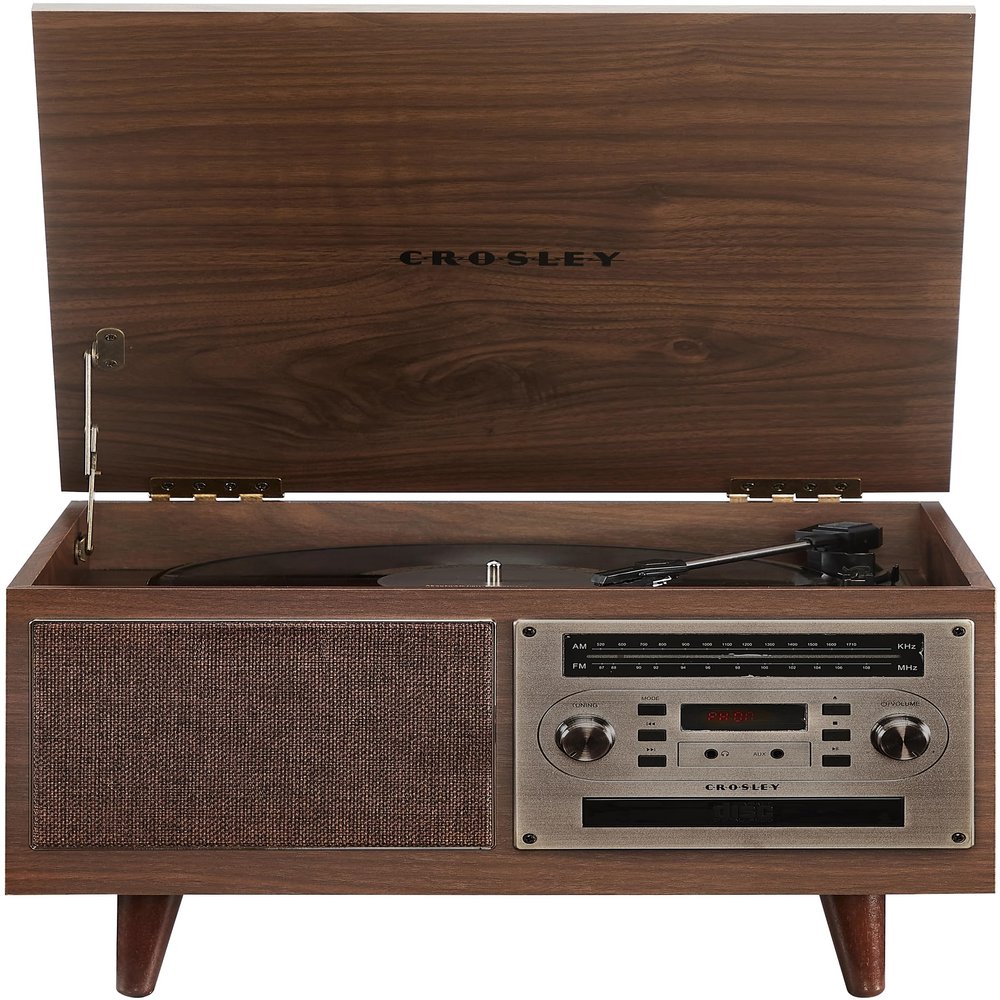 Crosley CR7023A-WA Serenade 8-in-1 Vinyl Record Player with 3-Speed Turntable, Bluetooth, AM/FM Radio, CD, Cassette, and Aux-in, Walnut