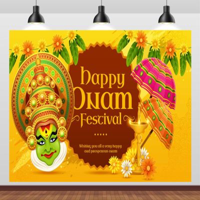 Loccor 9x6ft Fabric Happy Onam Kathakali Backdrop Indian Traditional Harvest Festival Marigold and Umbrella Kathakali Face Background Onam Celebration Decor Banner Photo Booth Studio Props