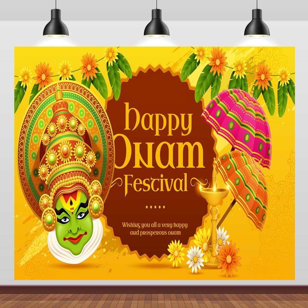 Loccor 9x6ft Fabric Happy Onam Kathakali Backdrop Indian Traditional Harvest Festival Marigold and Umbrella Kathakali Face Background Onam Celebration Decor Banner Photo Booth Studio Props
