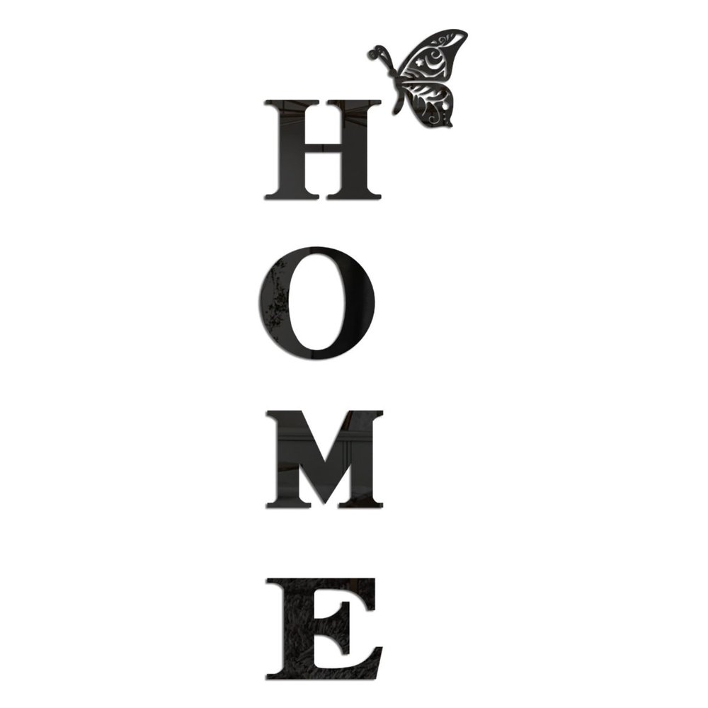 Acrylic Home Letters with Butterfly 3D Mirror Wall Stickers for Living Room, Bedroom, Entryway Modern Removable Wall Art DIY Vertical or Horizontal Home Decor (Black)