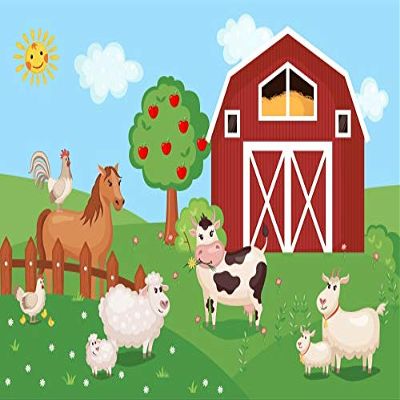 10x6.5ft Farm Animals Backdrop Cartoon Red Barn Door Barnyard Farmland Photography Background Apple Tree Grassland Backdrop for Baby Shower Newborn Kids Birthday Party Decor Studio Booth Props