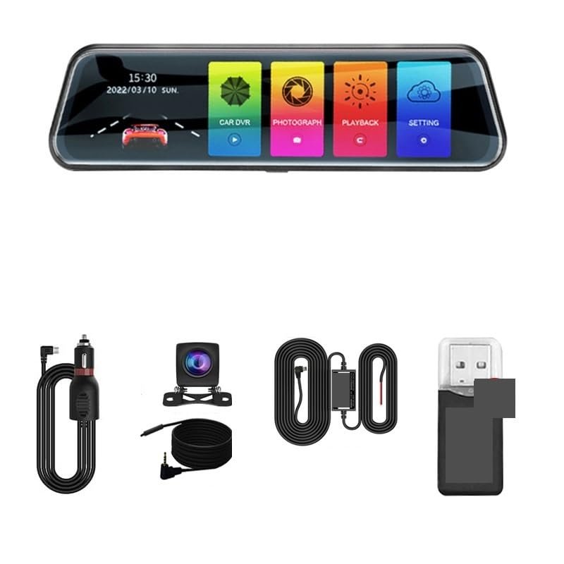 10 Inch Mirror Camera for Car Touch Screen Video Recorder Rearview Mirror Dash Cam Front and Rear Camera Mirror DVR Black Box(Two Lens1080P-10M-BL,16G)