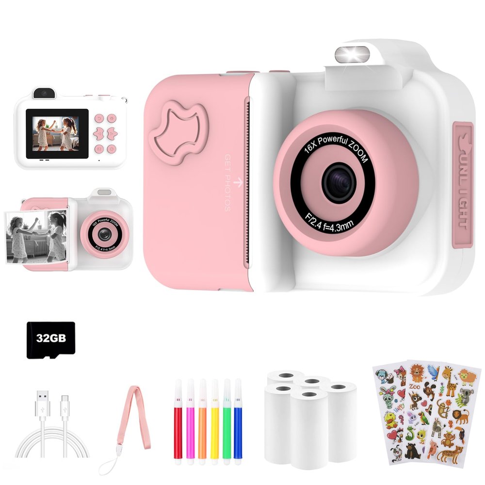 Kids Camera Instant Print, Christmas Birthday Gifts Toys for Girls Boys Age 4 5 6 7 8 9 10 11 12 Years Old,1080P HD Dual-Lens Selfie Digital Camera with 5 Rolls Print Paper Stickers Pens & 32G Card