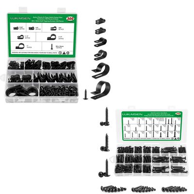 300 PCS Cable Clips for Cable Management Cord Organizer, Nylon R-Type, 3/16'' 1/4'' 3/8'' 1/2'' 3/4'' 1''with M4 Screws and 260 Pieces Phillips Pan Head Wood Screws Black Carbon Steel, M3/M4/M5/M6