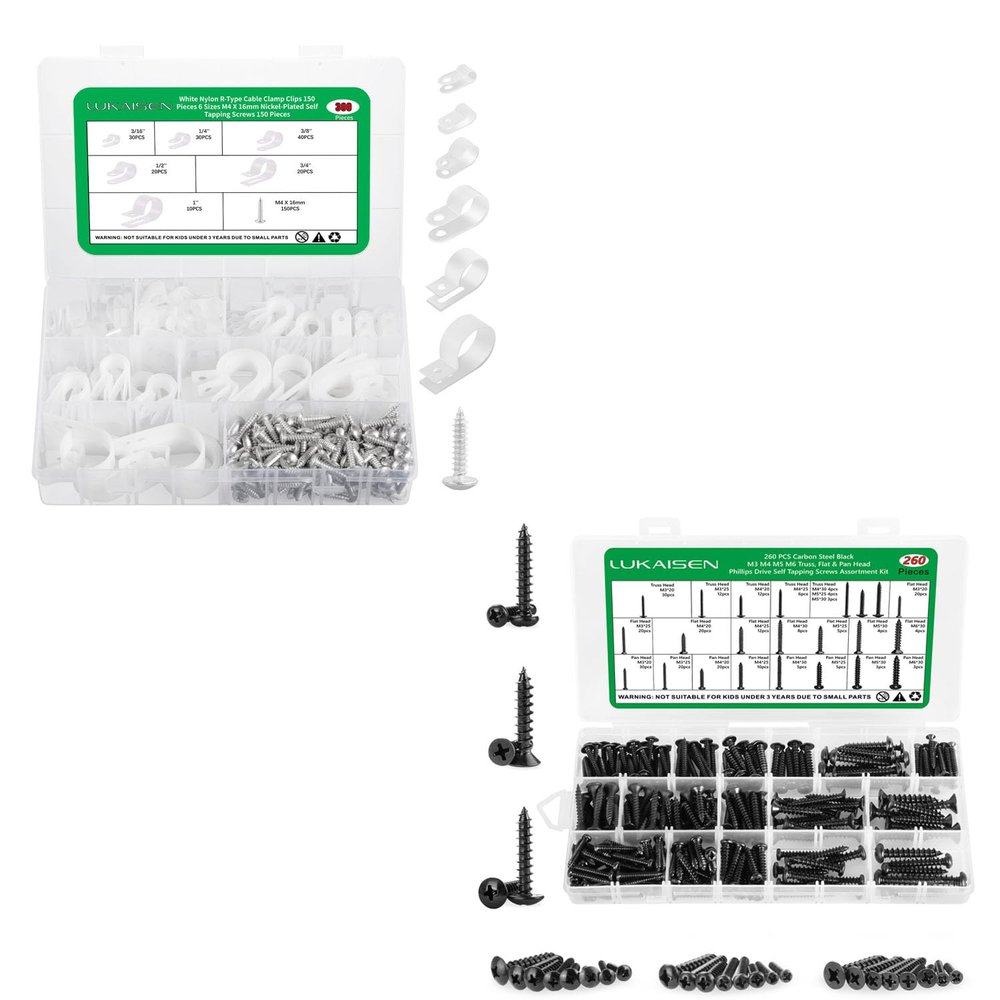 300PCS Nylon R-Type, 3/16'' 1/4'' 3/8'' 1/2'' 3/4'' 1' Cable Clip White Plastic Screw, 260 Pieces Phillips Pan Head Self-Tapping ScrewsBlack Carbon Steel, M3/M4/M5/M6