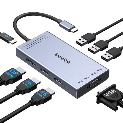 USB C Docking Station Dual HDMI Monitor Adapter, Melelink USB C Hub 3 Monitors Adapter with 2x HDMI 4K,Displayport,VGA,100W PD Charging,3 USB2.0, 8 in 1 Laptop Docking Station for Dell, HP, Lenovo,etc