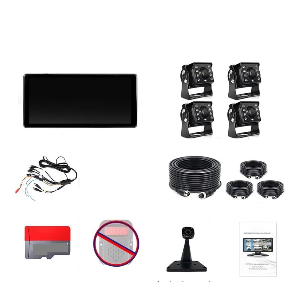 10.36 Inch Screen Car/RV/Bus/Truck Monitor System 1080P Vehicle 4 Channel Camera Night Vision Reversing Parking Recorder(Monitor add 4 Camera,NO Card)