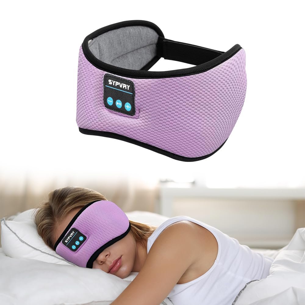 Bluetooth Headphones Headband Eye Mask Wireless Bluetooth Sleep Mask for Side Sleepers Velcro Adjustable Bluetooth 5.3 Speaker Microphones Airplane Travel Light Blocking Music Eye Cover, Purple