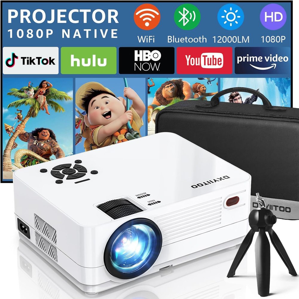 Dxyiitoo 12000LM 4K Support Native 1080P HD Projector with WiFi and Bluetooth, Movie Projector for Outdoor Movies, LCD Technology 300"Display Projector Home Theater, (Projector with Tripod)