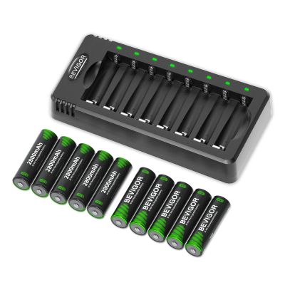 BEVIGOR AA Rechargeable Batteries with Charger, 10-Pack 2800mAh High Capacity NiMH AA Batteries