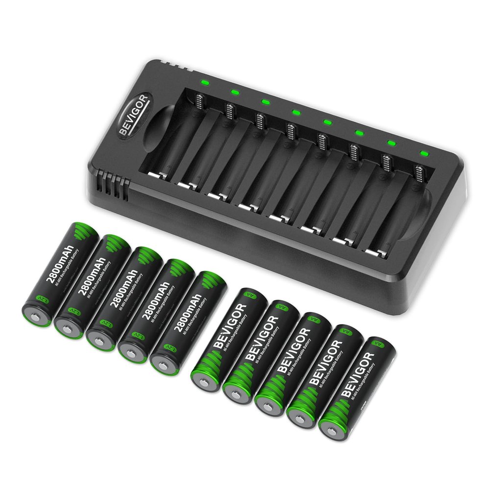 BEVIGOR AA Rechargeable Batteries with Charger, 10-Pack 2800mAh High Capacity NiMH AA Batteries