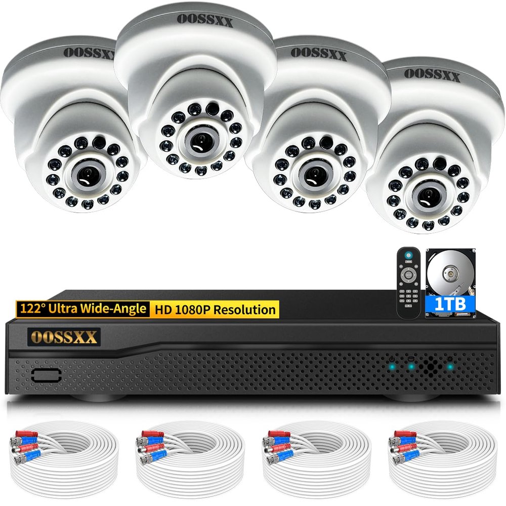 1080P Wired CCTV Security Camera System, 8CH HD DVR Kit, 4X Dome Indoor Outdoor Cameras, 65ft IR Night Vision, Free App, No Subscription Fee, Remote Access, Reliable Home Security
