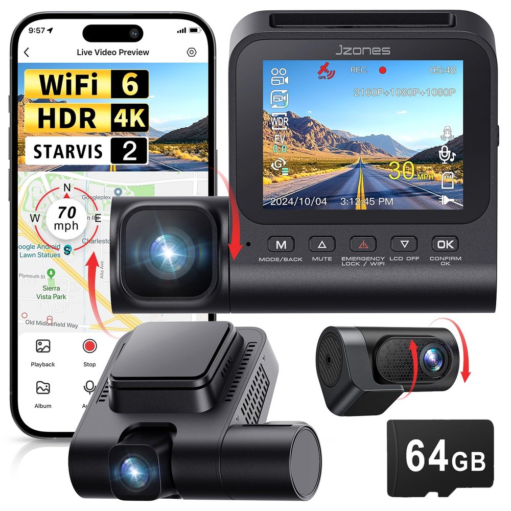 3 Channel 4K Dash Cam, Dash Camera for Cars with STARVIS 2 HDR Night Vision, 4K+1080P+1080P Front Inside and Rear Triple Car Camera, GPS, 24H Parking Mode, Free 64GB Card
