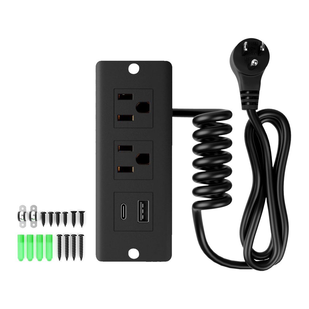 Drawer Outlet Kit, Recessed Furniture Power Strip, PD 20W Fast Charging Horizontal Outlet, Clutter-Free Drawer Socket with 2 USB(A & C) and 2 12 Amp AC Ports, 7.2 FT Power Cord, Spring Cable
