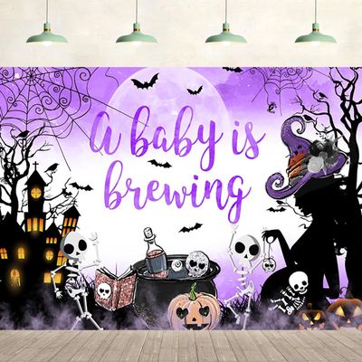 12x8ft Baby Shower Backdrop Halloween A Baby is Brewing Witch Skeleton Full Moon Purple Background Kids Children Portraits Party Supplies Wall Decor Photography Photo Studio Props