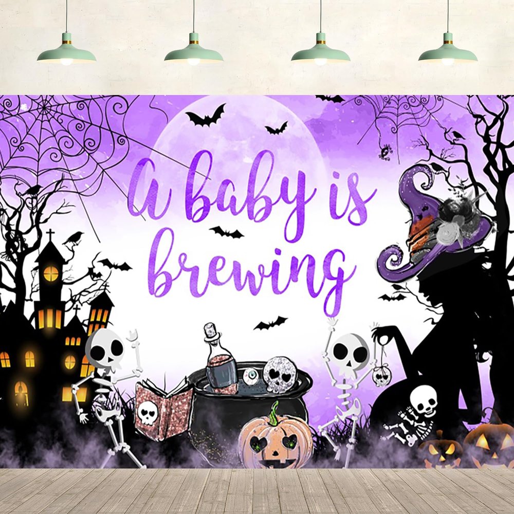 12x8ft Baby Shower Backdrop Halloween A Baby is Brewing Witch Skeleton Full Moon Purple Background Kids Children Portraits Party Supplies Wall Decor Photography Photo Studio Props