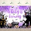 12x8ft Baby Shower Backdrop Halloween A Baby is Brewing Witch Skeleton Full Moon Purple Background Kids Children Portraits Party Supplies Wall Decor Photography Photo Studio Props view 1