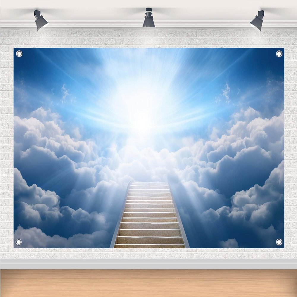 Gorpic 10x8ft Fabric Stairway into Clouds Backdrop Banner Path to Light and Sky Banner Background for Christian Events Party Decor Kids Adults Portrait Photo Studio Props