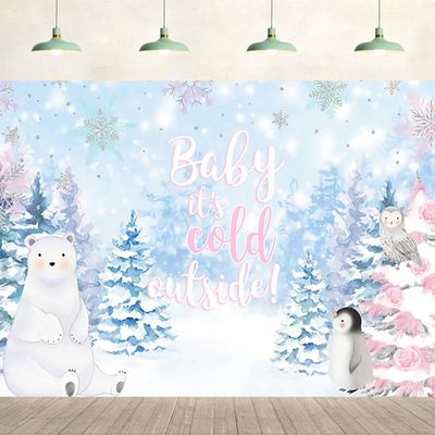 10x8ft Baby Shower Backdrop Baby Its Cold Outside Winter Pine Forest Bear Penguin Animal Background Kids Children Portraits Party Supplies Wall Decor Photography Photo Studio Props